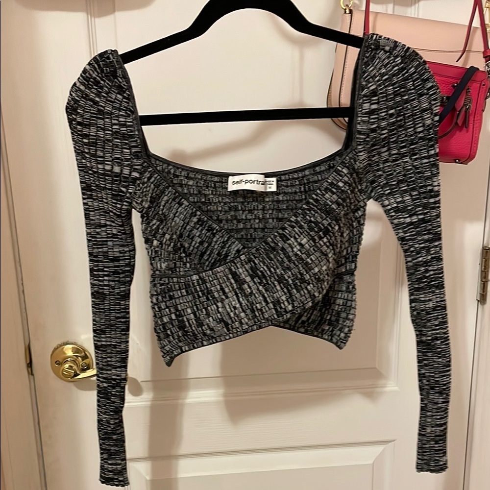 Self-Portrait Black & Gray Textured Cropped Knit Top